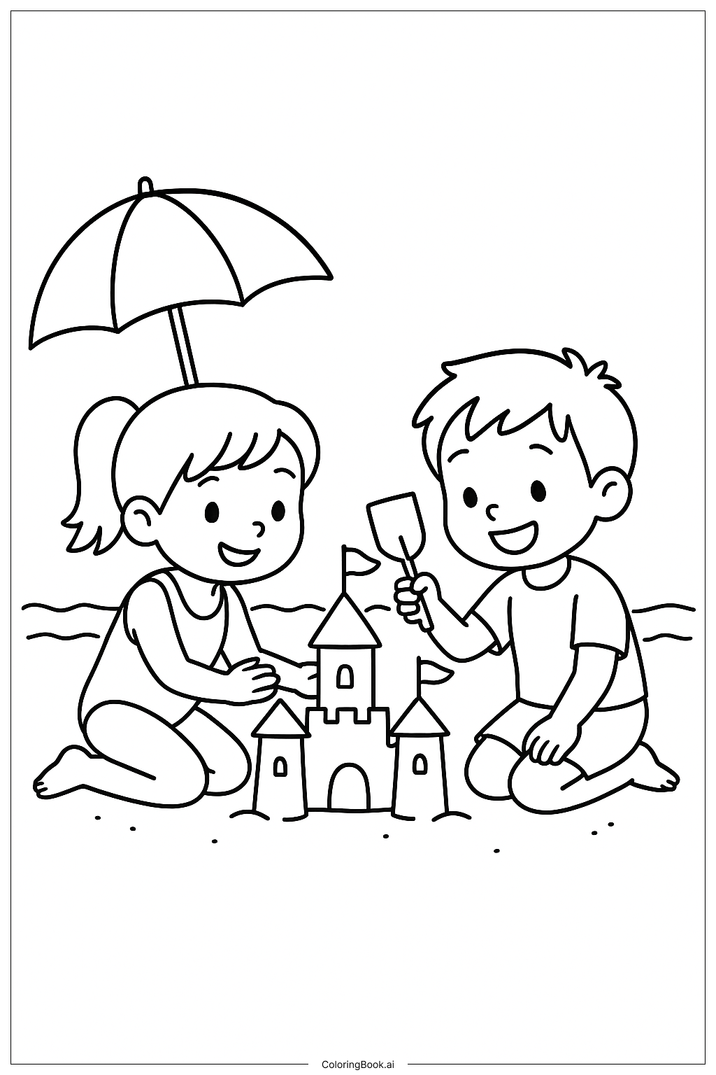 親友と砂の城を作るの塗り絵ページ