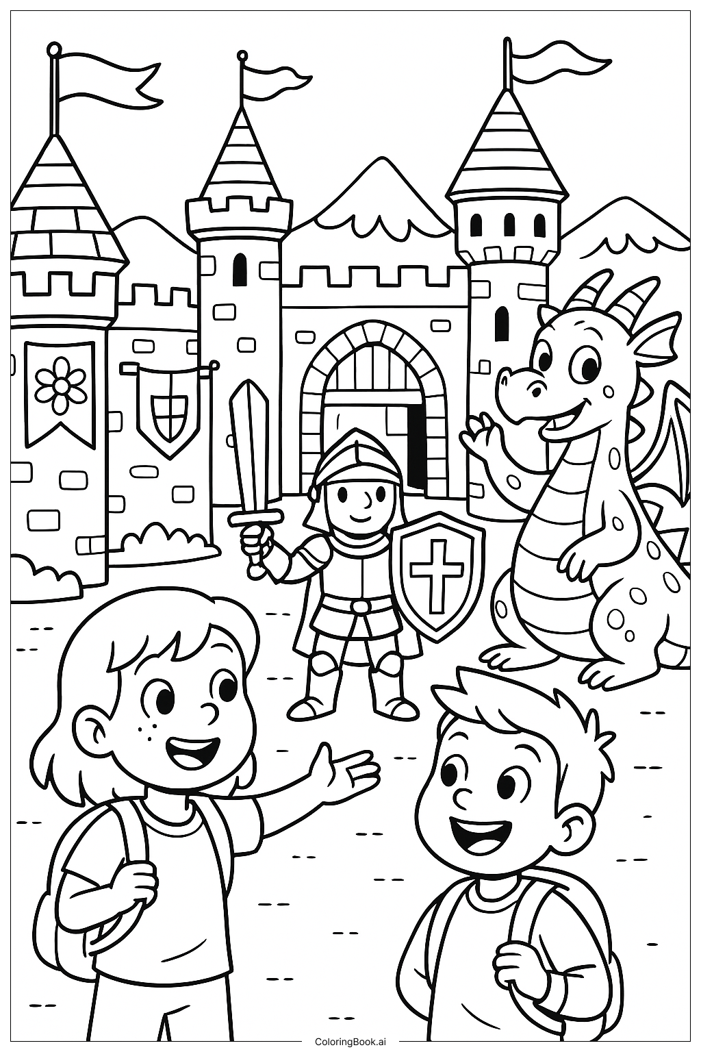  最好的朋友中世紀城堡著色頁 