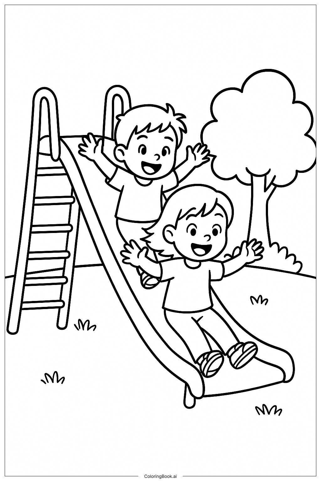  滑滑梯上的好朋友填色页 