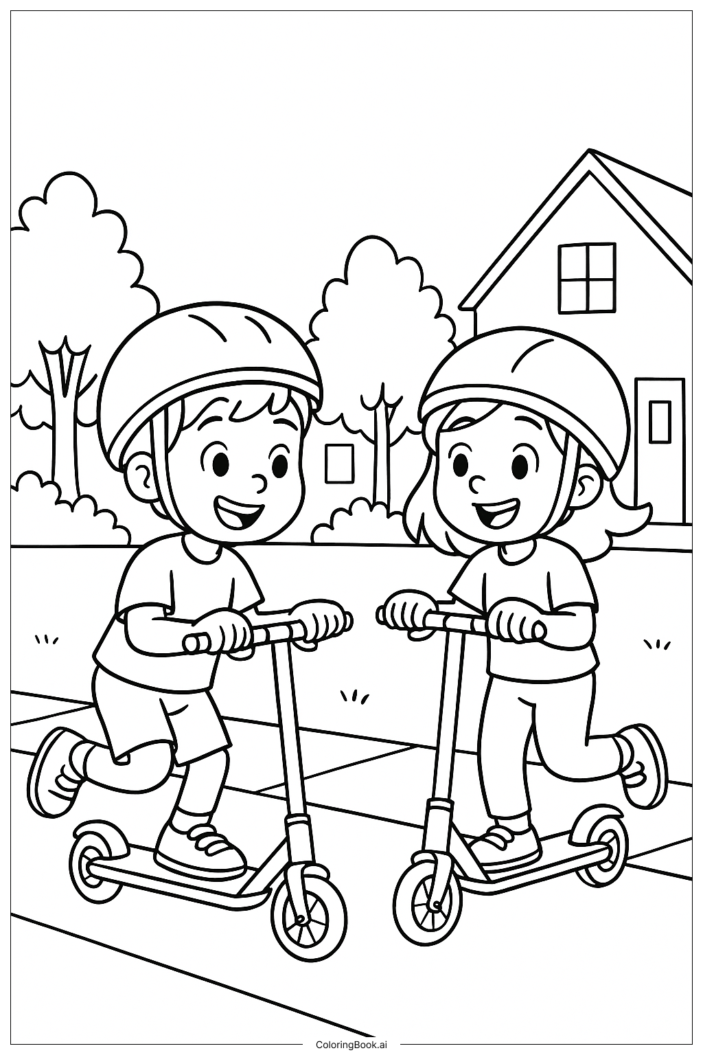 好朋友一起騎滑板車著色頁