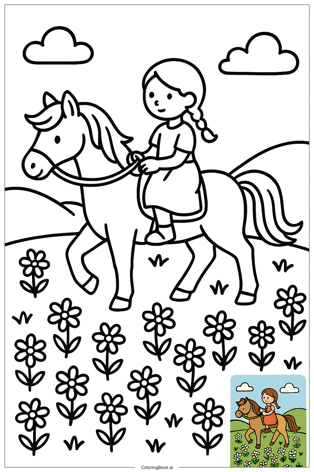  Girl Riding Horse Through Flower Field填色页 