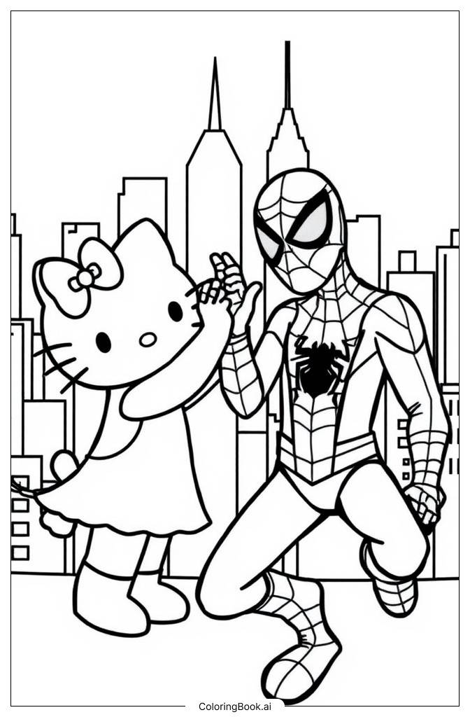  Hello Kitty Meets Spider-Man Coloring Page 