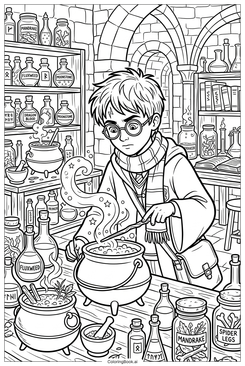 Harry Potter brewing potions in dungeon classroom Coloring Page