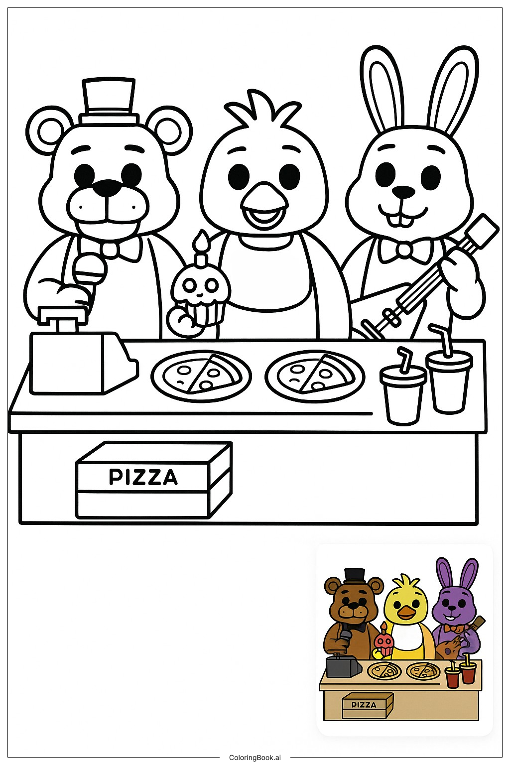 FNAF 피자 가게 카운터 디스플레이 색칠공부 페이지 