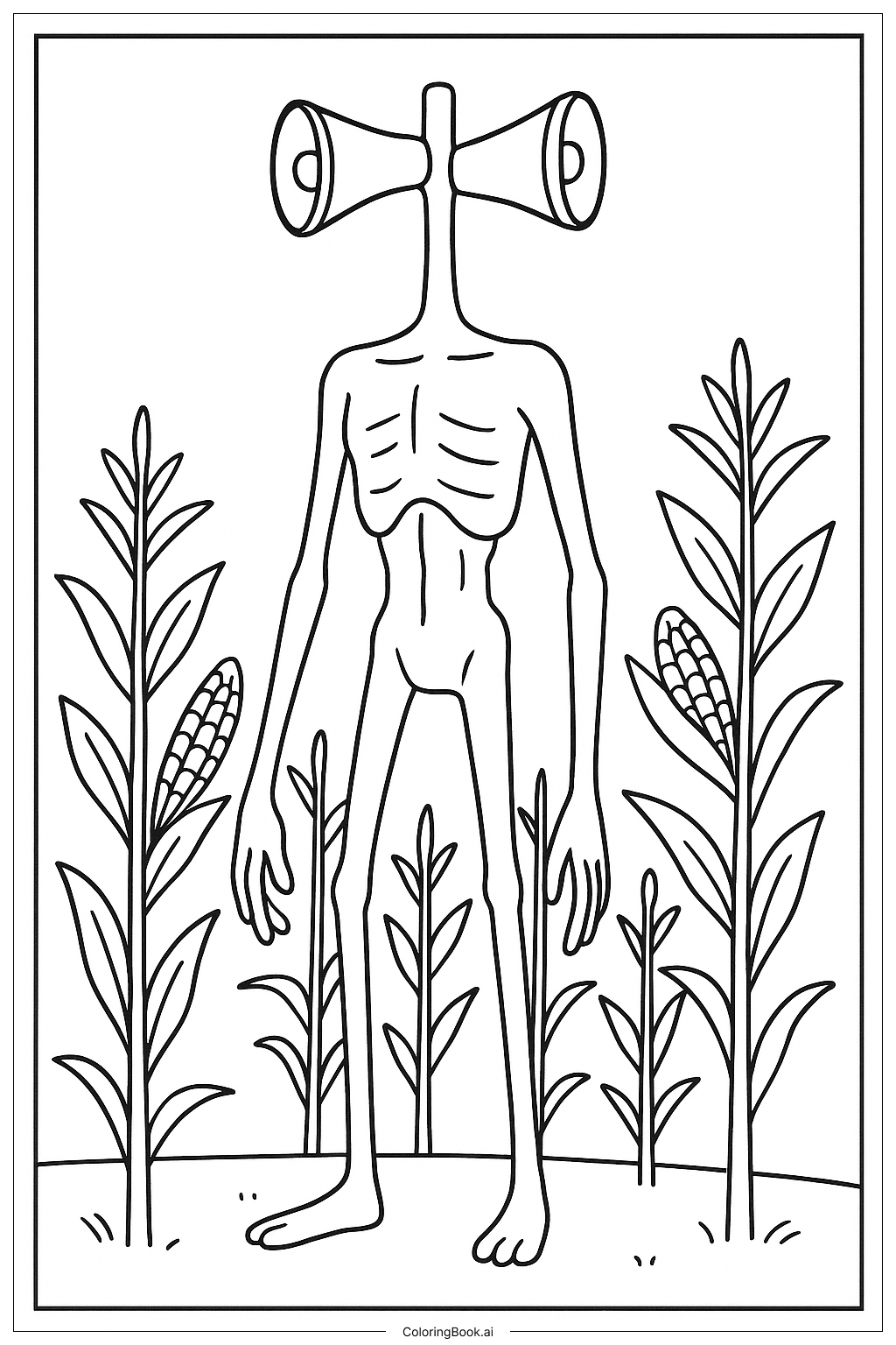  Page de coloriage Siren Head dans un champ de maïs 