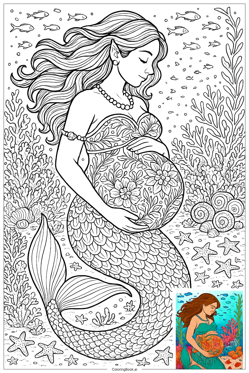  Pregnant Mermaid With Floral Belly Design Coloring Page 