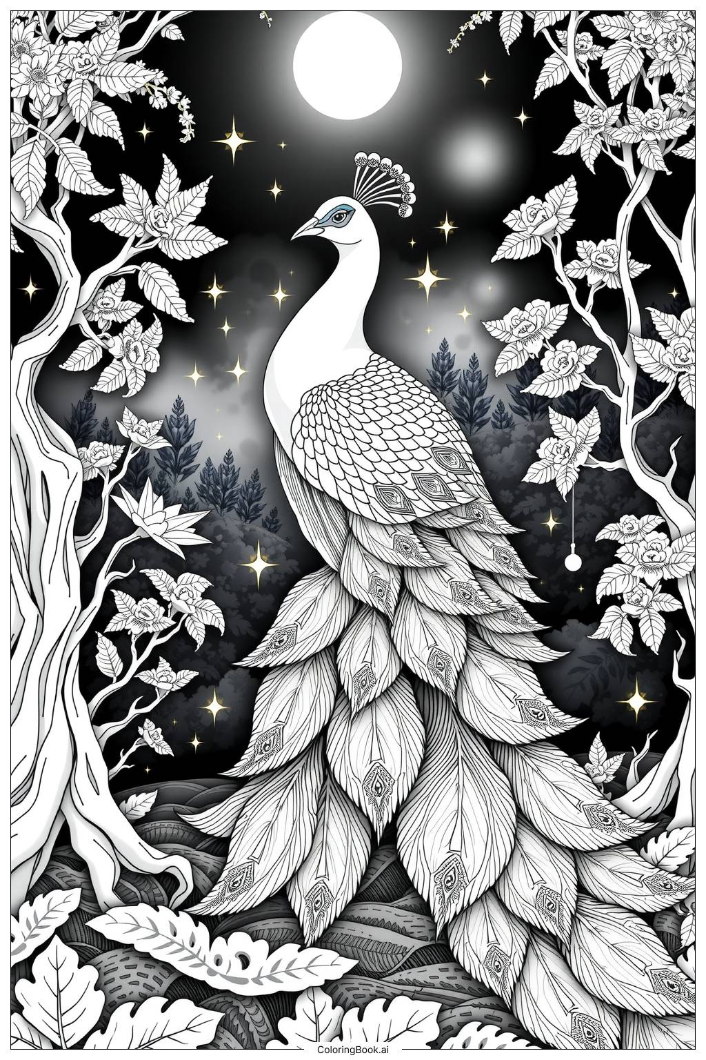  Page de coloriage paon dansant sous la lumière de la lune 