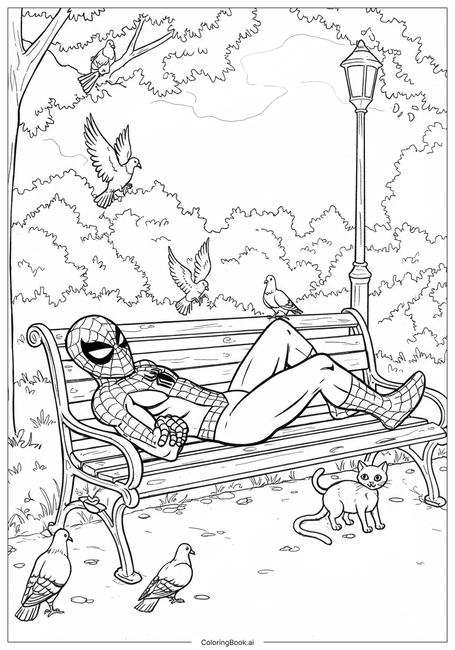  Spiderman resting on a park bench Coloring Page 