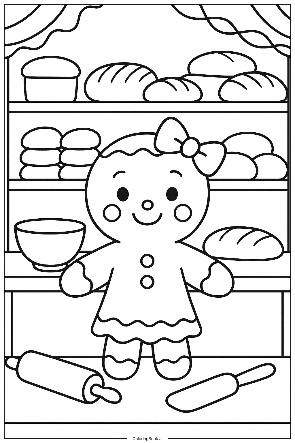  パン屋のジンジャーブレッドガールの塗り絵ページ 