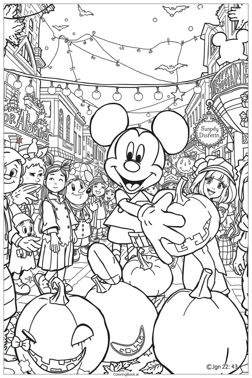  Página para colorear de Desfile de calabazas de Mickey Mouse en una ciudad-2 