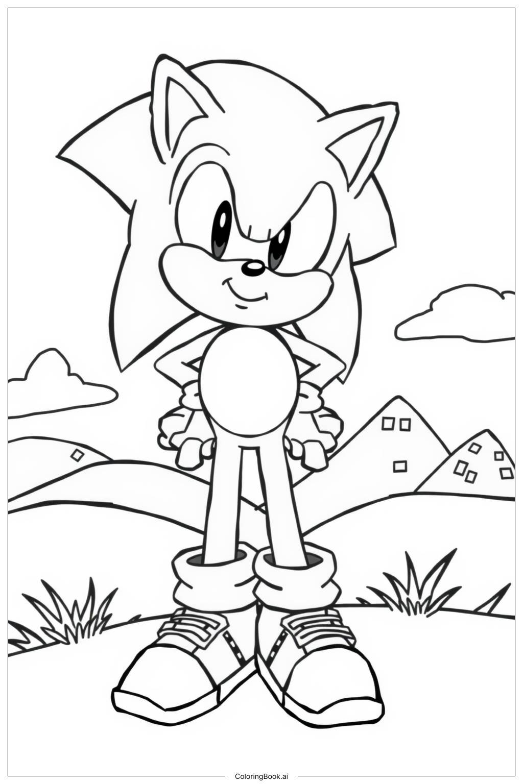  Página para colorir de Sonic sorrindo na zona da colina verde 