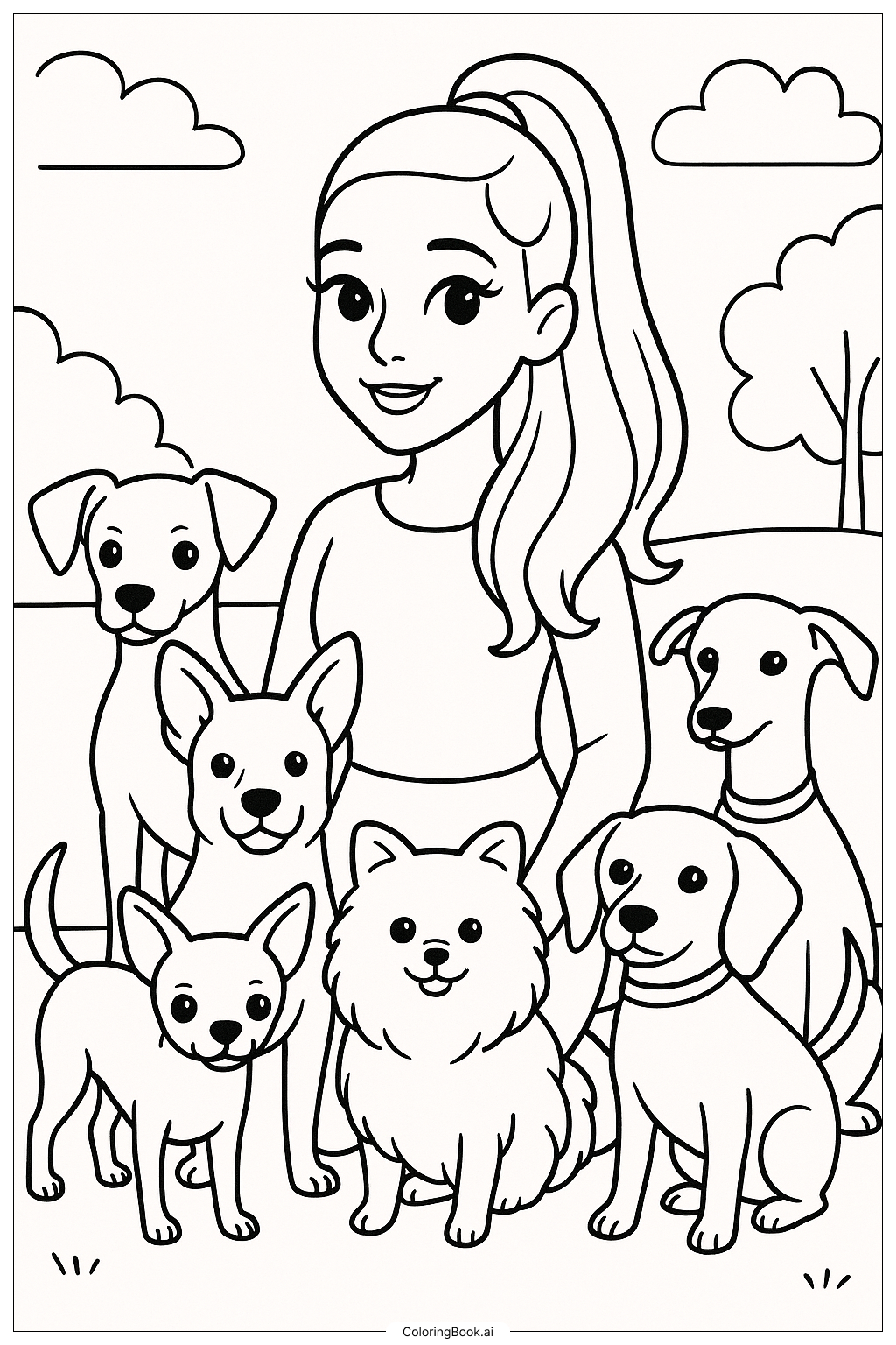  Página para colorear de Ariana Grande con un grupo de sus perros 