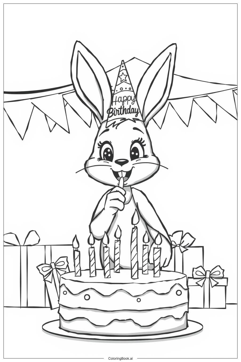  Page de coloriage Célébration d'anniversaire du lapin 