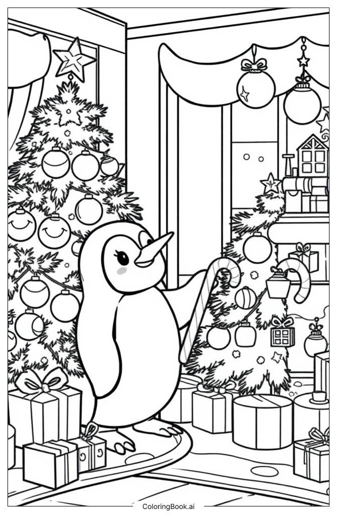  Página para colorear de pingüino kawaii decorando el árbol de Navidad en una habitación acogedora 