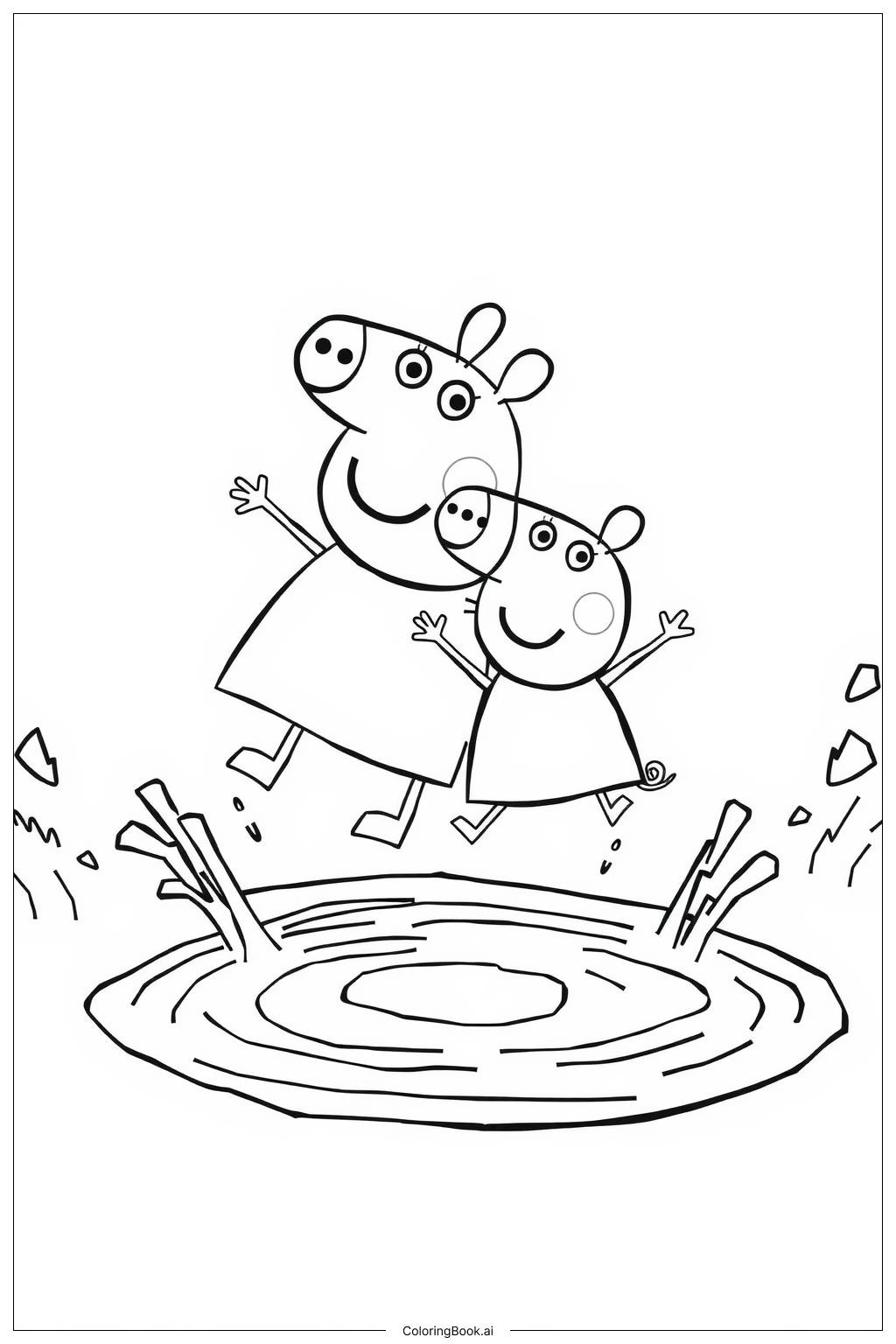  Página para colorear de Peppa Pig saltando en un charco de barro con George 