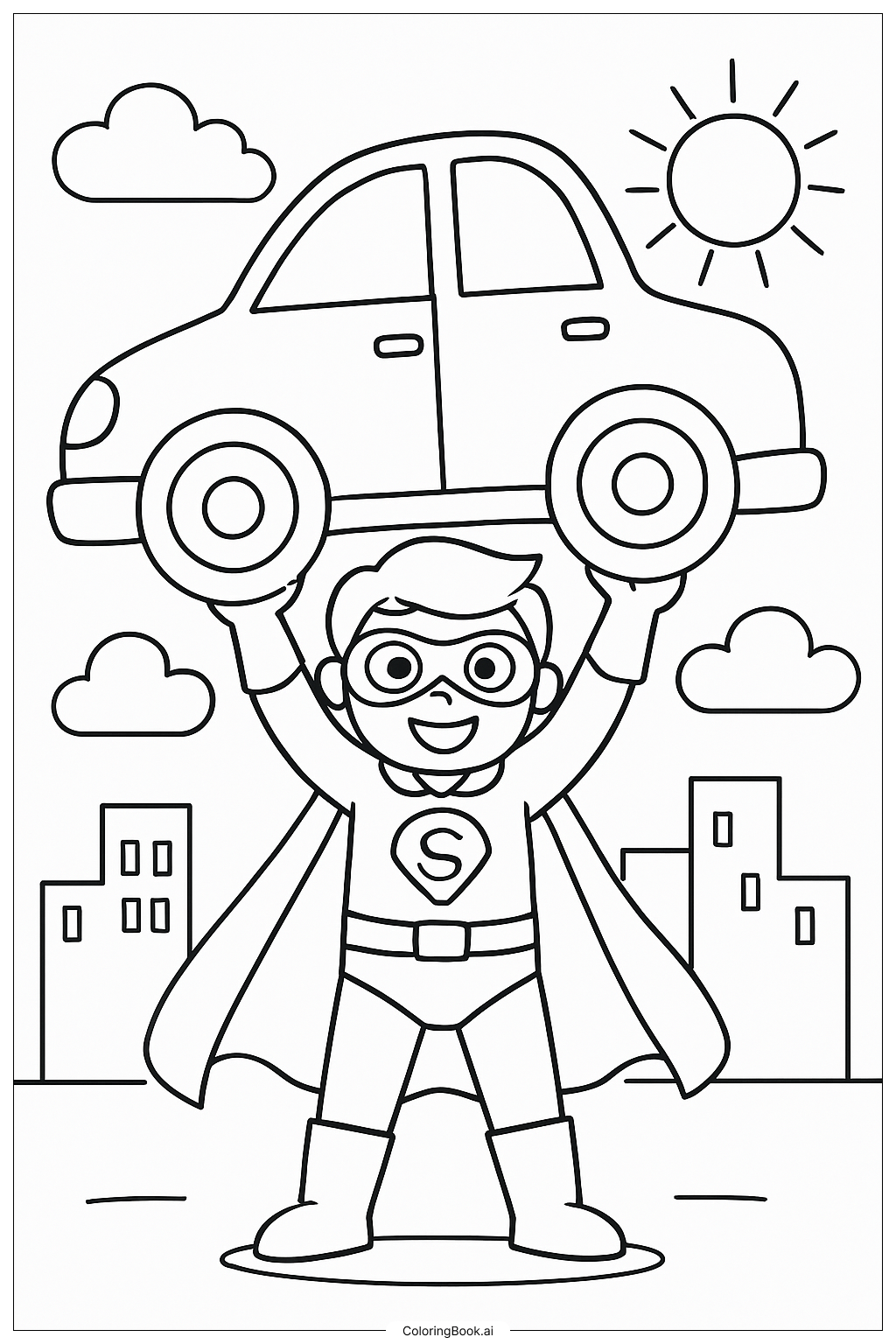 Superheld hebt ein schweres Auto Ausmalseite
