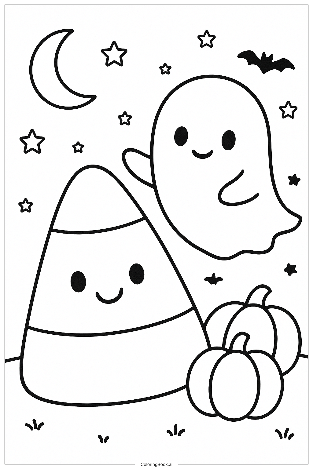  フレンドリーなおばけとキャンディコーンの塗り絵ページ 
