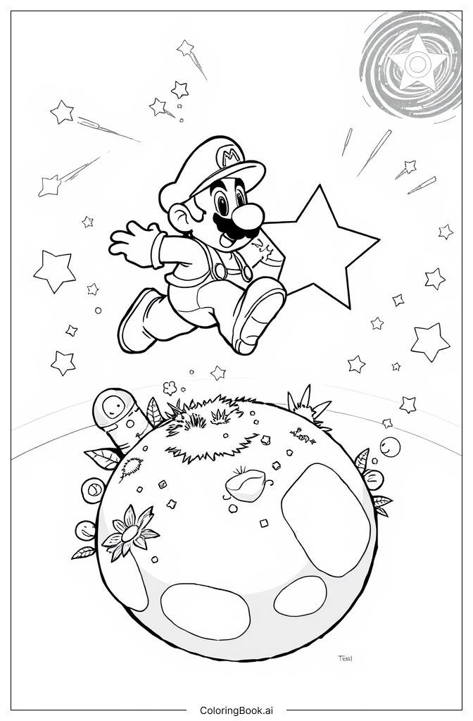  Page de coloriage Mario explorant une galaxie dans Super Mario Galaxy 