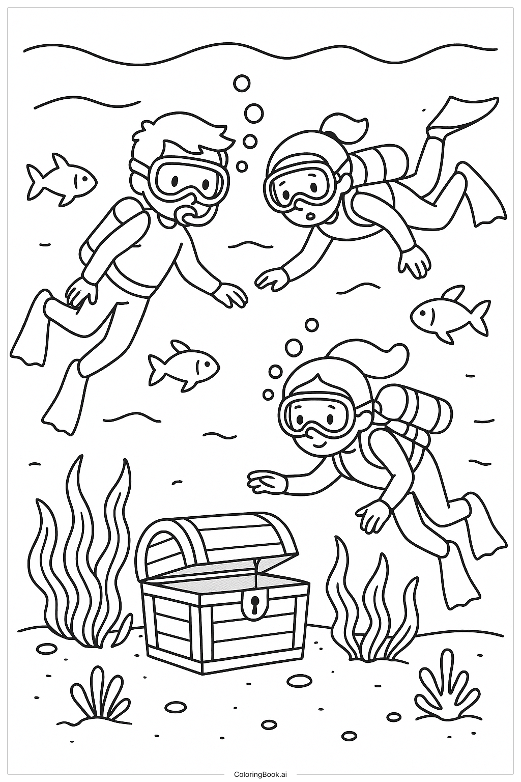  Divers Exploring Under The Sea Coloring Page 