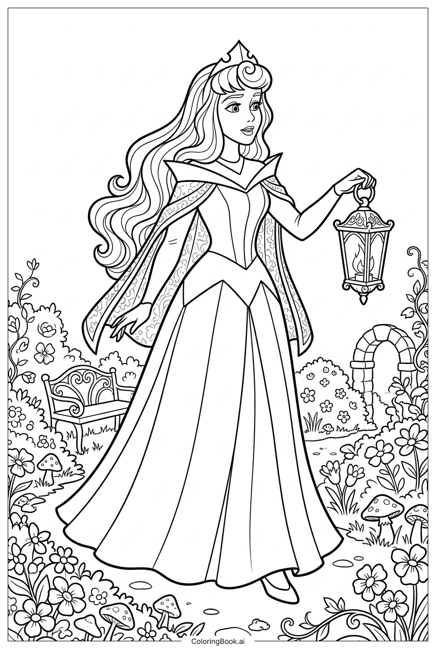  光るランタンを持って庭を探検するディズニープリンセスの塗り絵ページ 