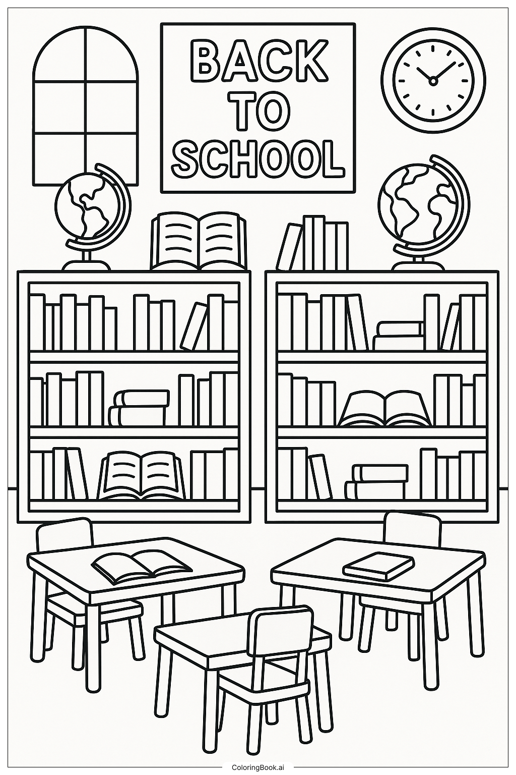  Página para colorir de Uma Biblioteca de Volta às Aulas Cheia de Livros 