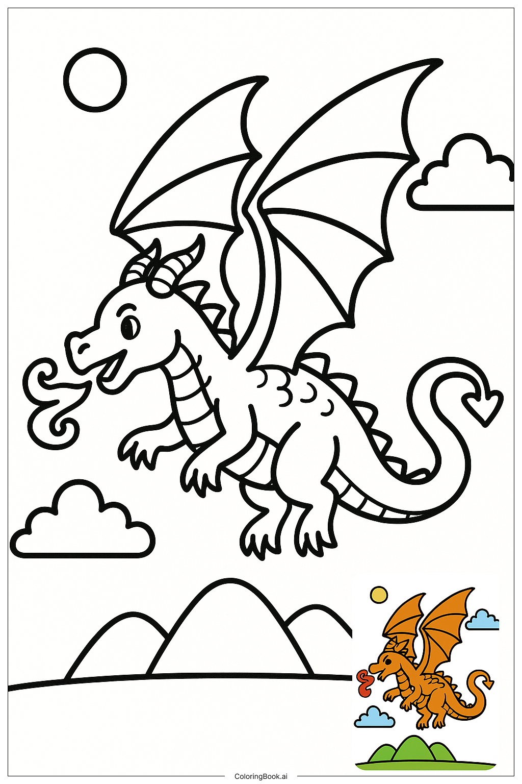  翼を広げたドラゴンの塗り絵ページ 