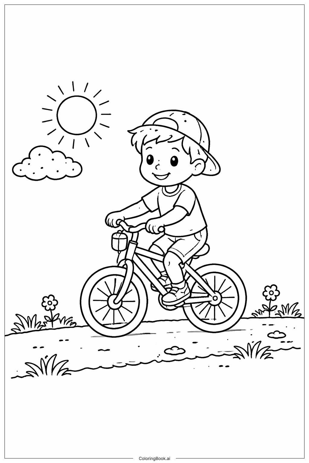  自転車に乗るキャラクターの塗り絵ページ 