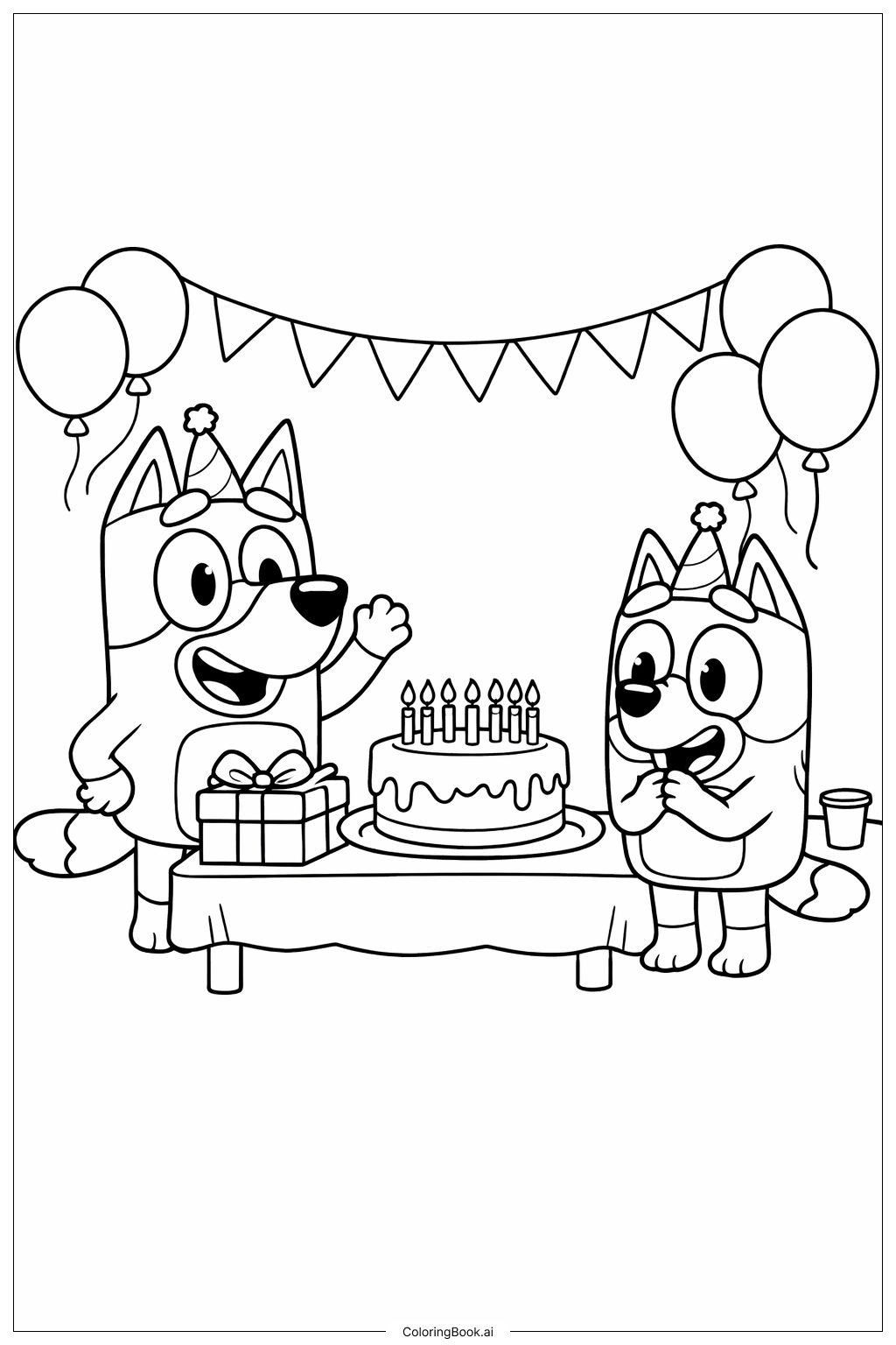  バースデーパーティーのブルーイとビンゴの塗り絵ページ 