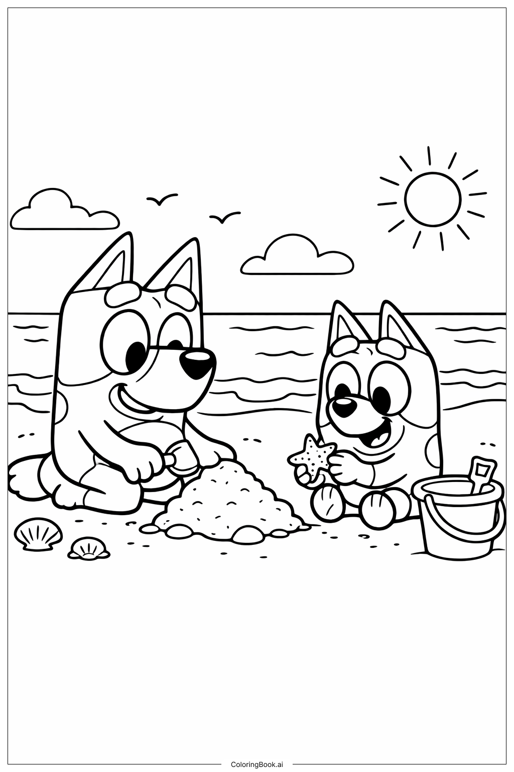  Bluey und Bingo am Strand Ausmalseite 