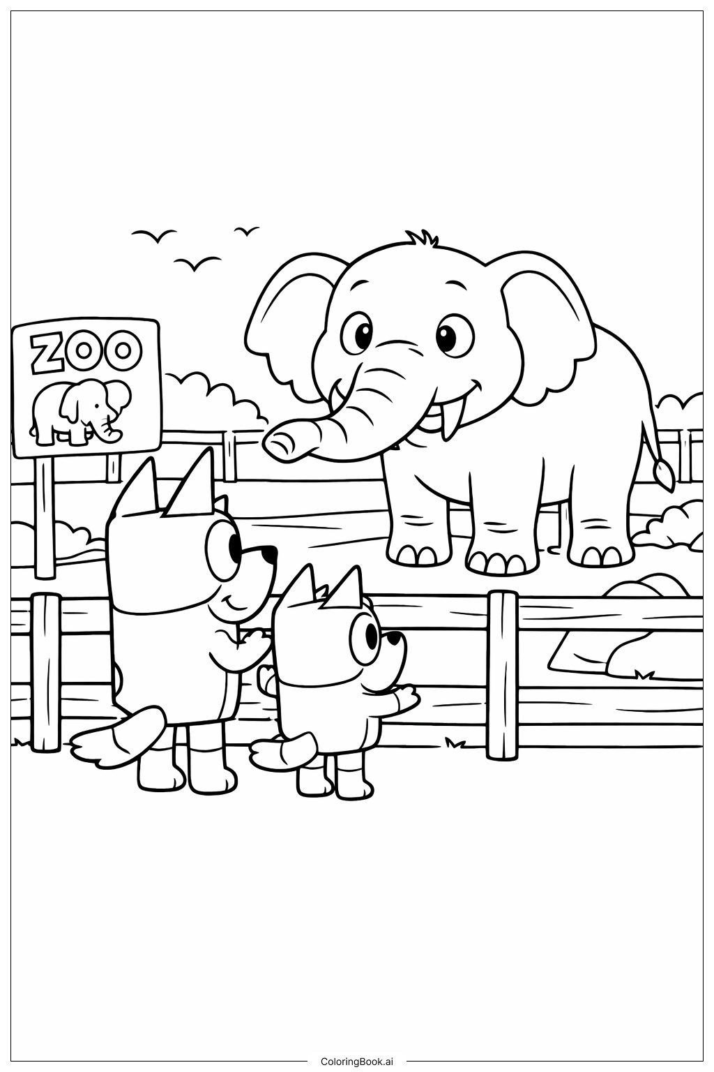 Bluey und Bingo im Zoo Ausmalseite