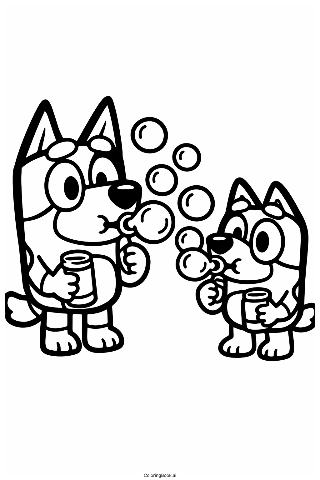  Bluey und Bingo, die Seifenblasen machen Ausmalseite 