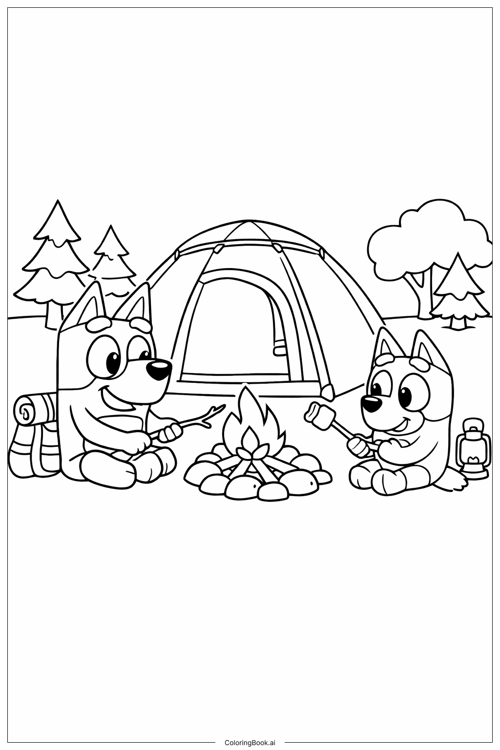 Bluey und Bingo beim Camping Ausmalseite
