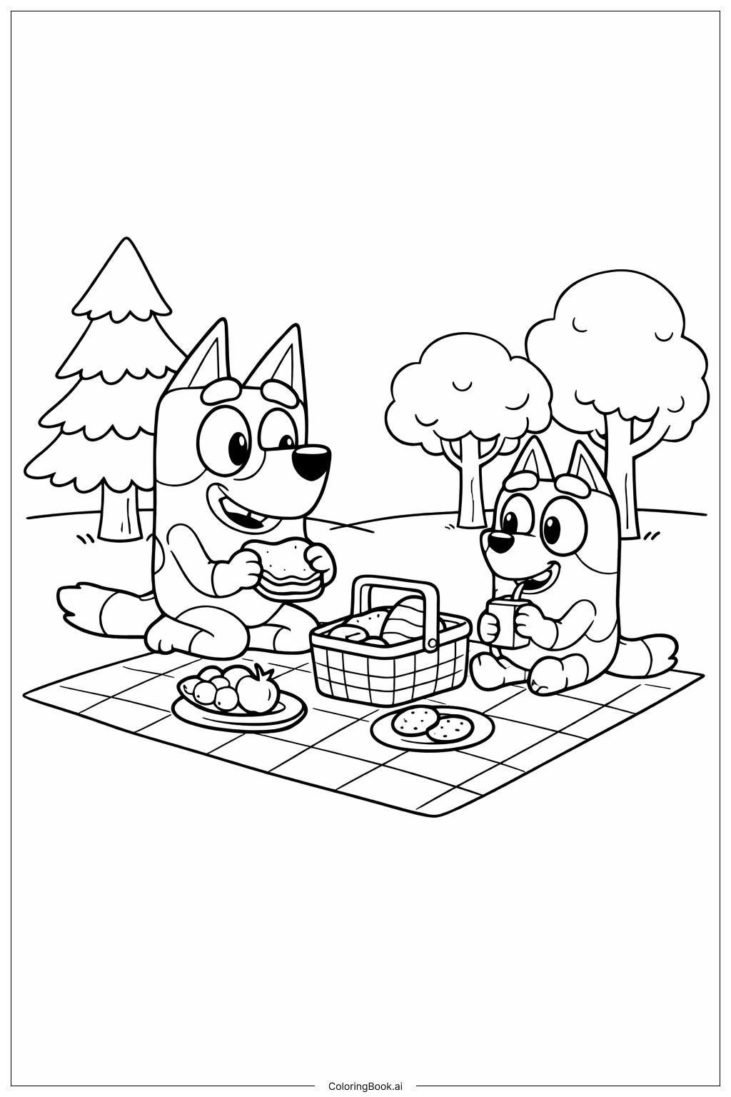 Bluey und Bingo beim Picknick Ausmalseite 