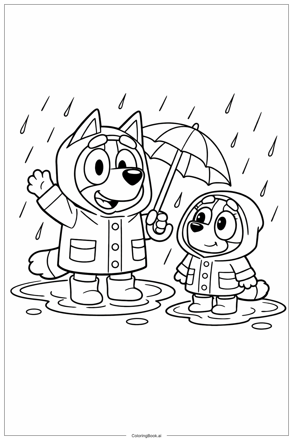 Bluey und Bingo im Regenmantel Ausmalseite