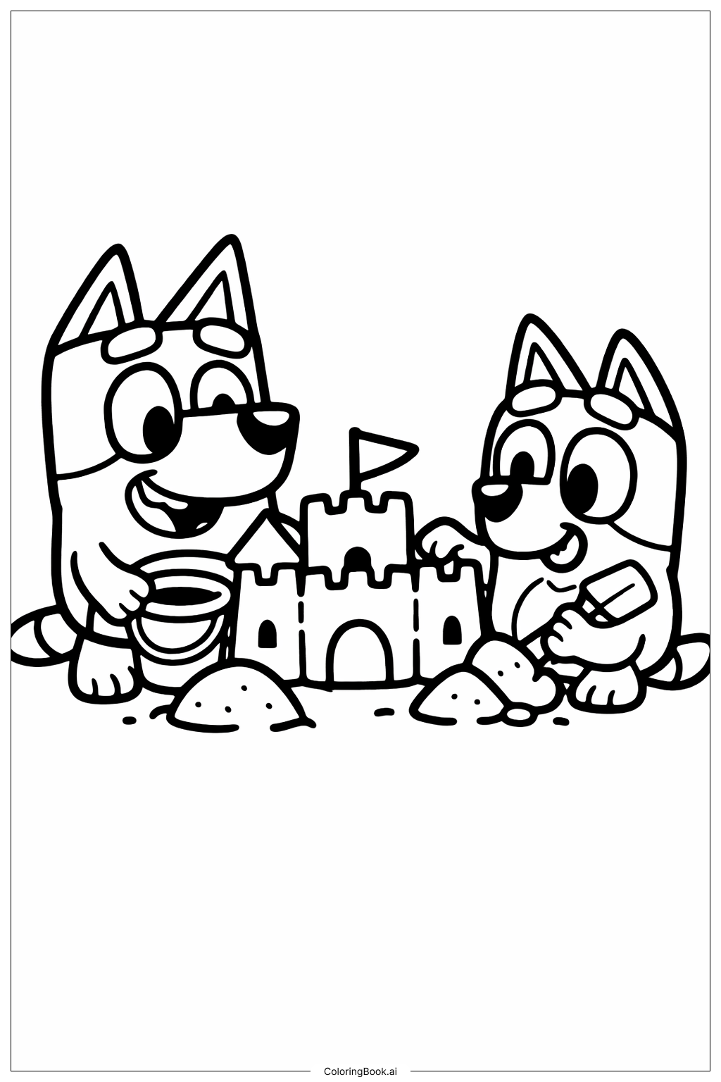  Bluey und Bingo bauen eine Sandburg Ausmalseite 