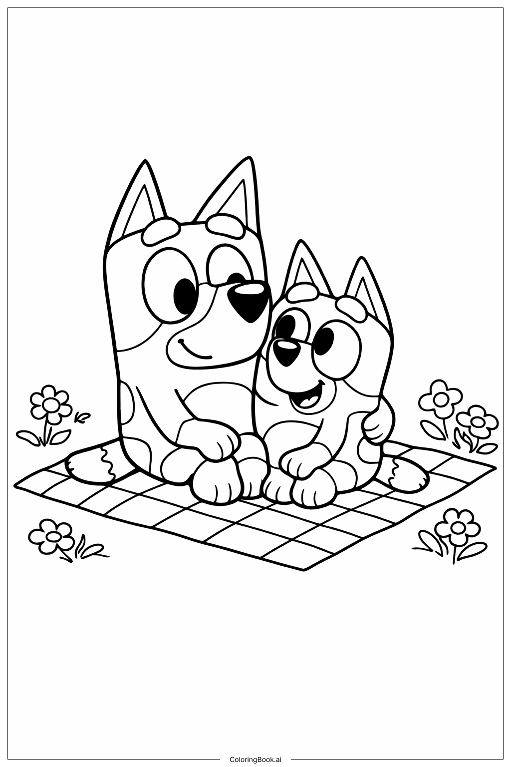  ピクニックブランケットの上のブルーイとビンゴの塗り絵ページ 