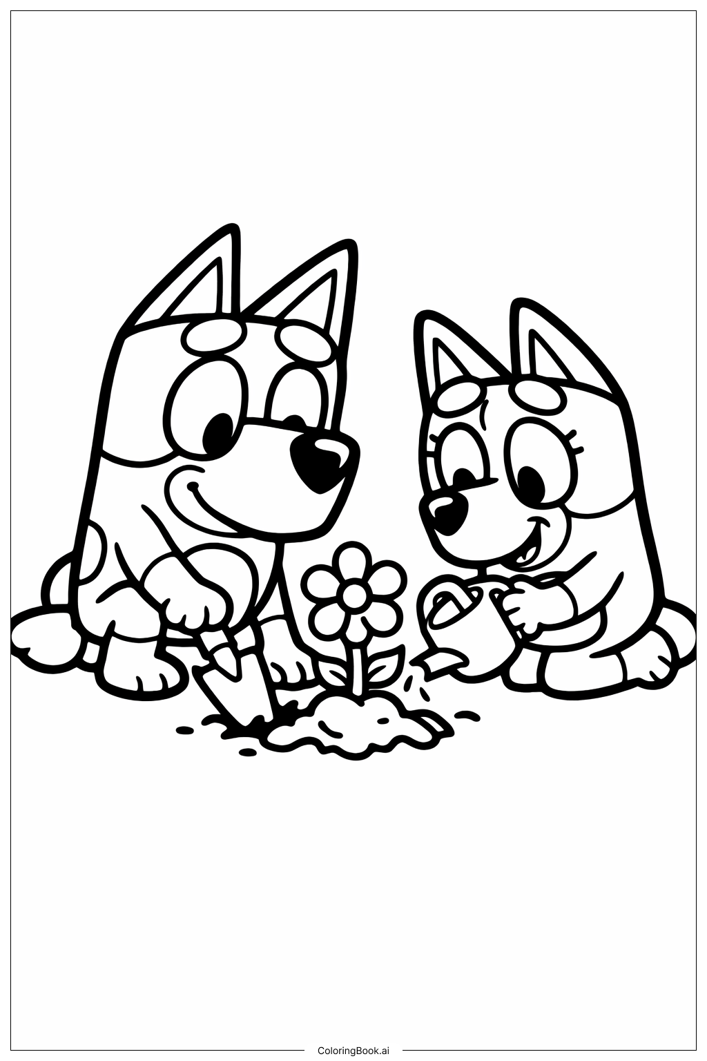  Bluey und Bingo pflanzen eine Blume Ausmalseite 