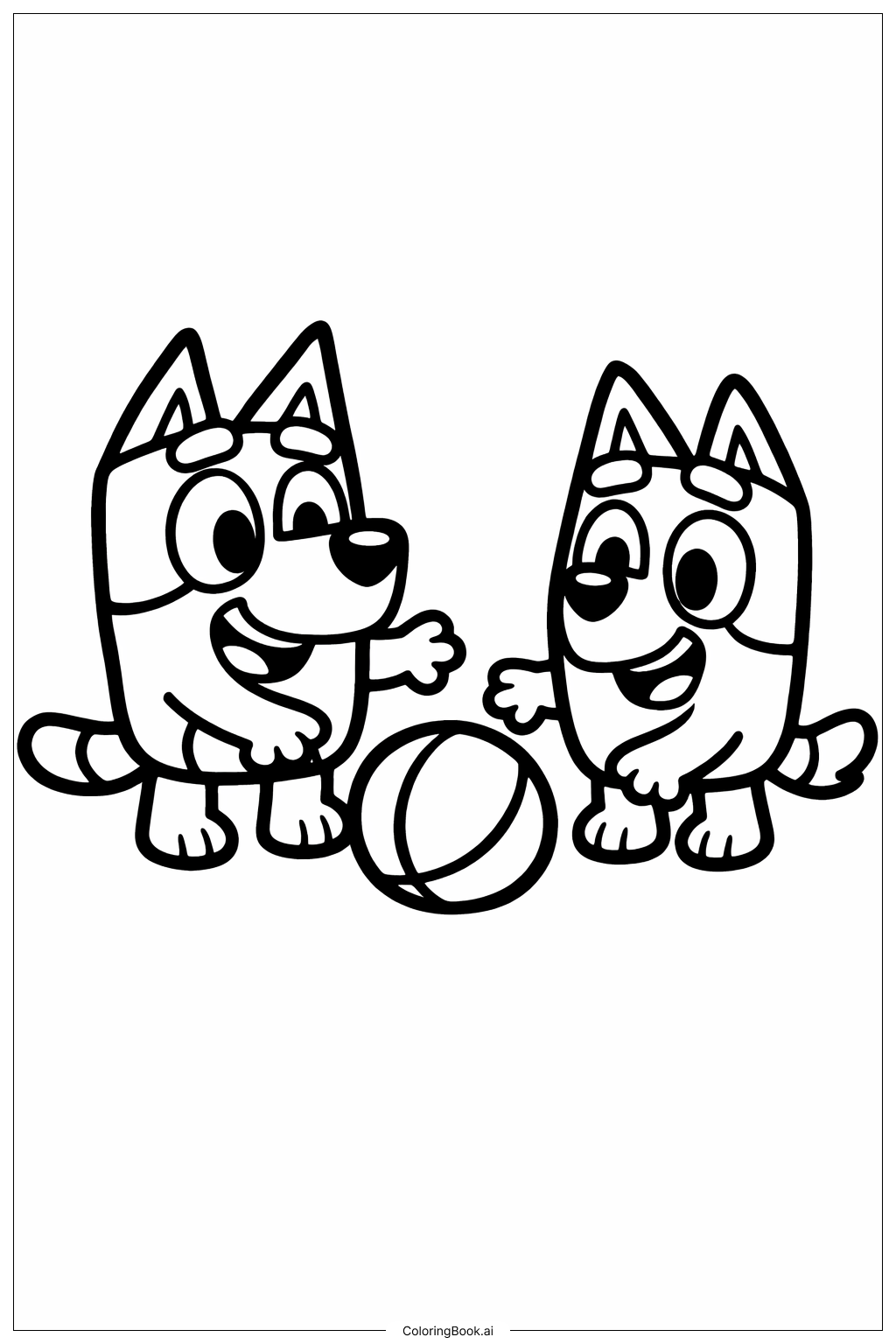  Bluey und Bingo spielen Ball Ausmalseite 
