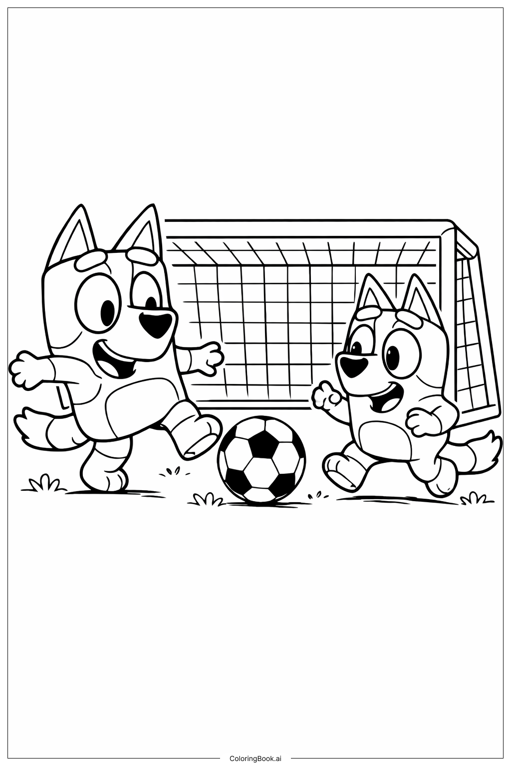  ブルーイとビンゴのサッカー遊びの塗り絵ページ 