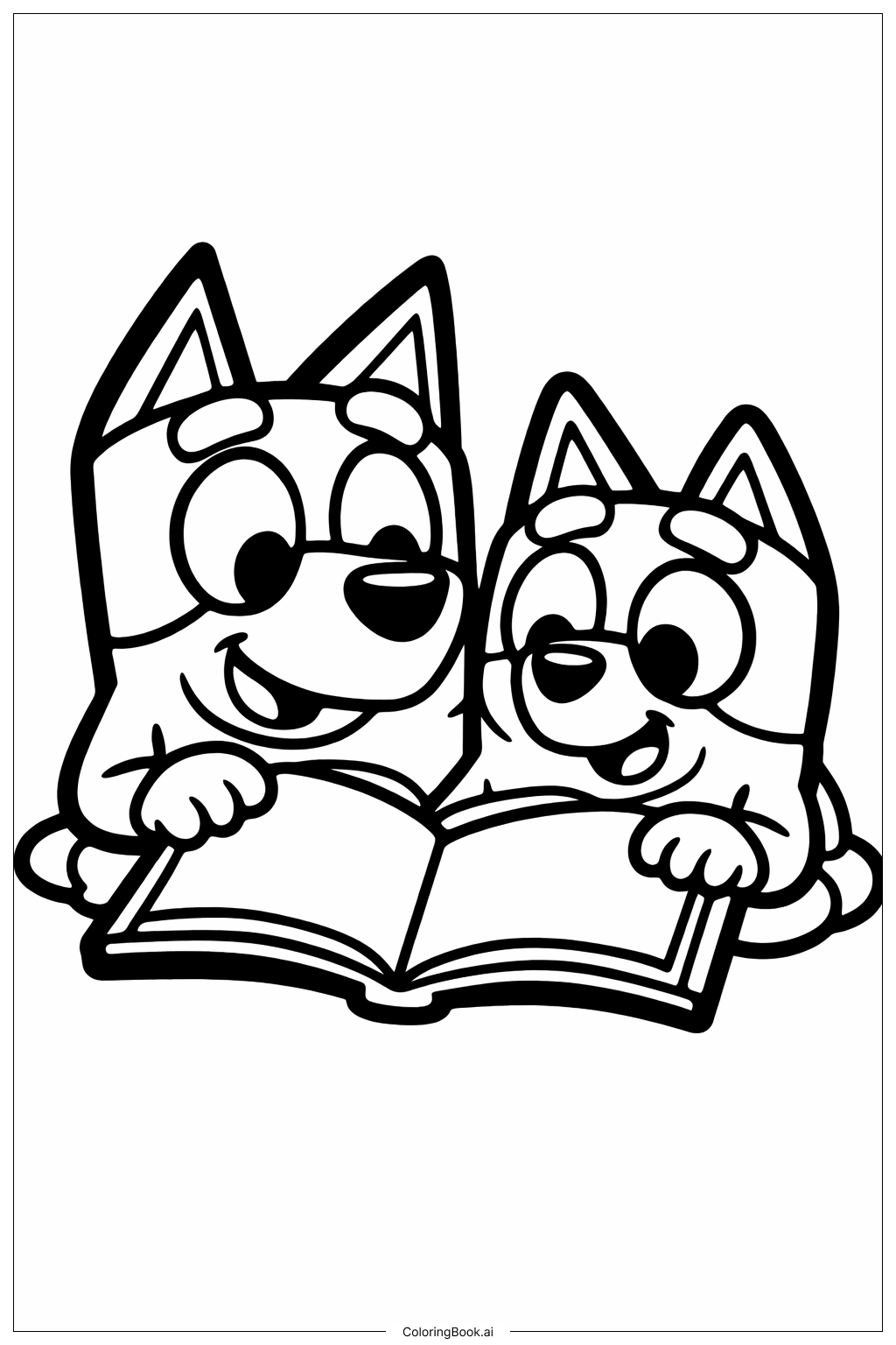  Bluey und Bingo lesen ein Buch Ausmalseite 