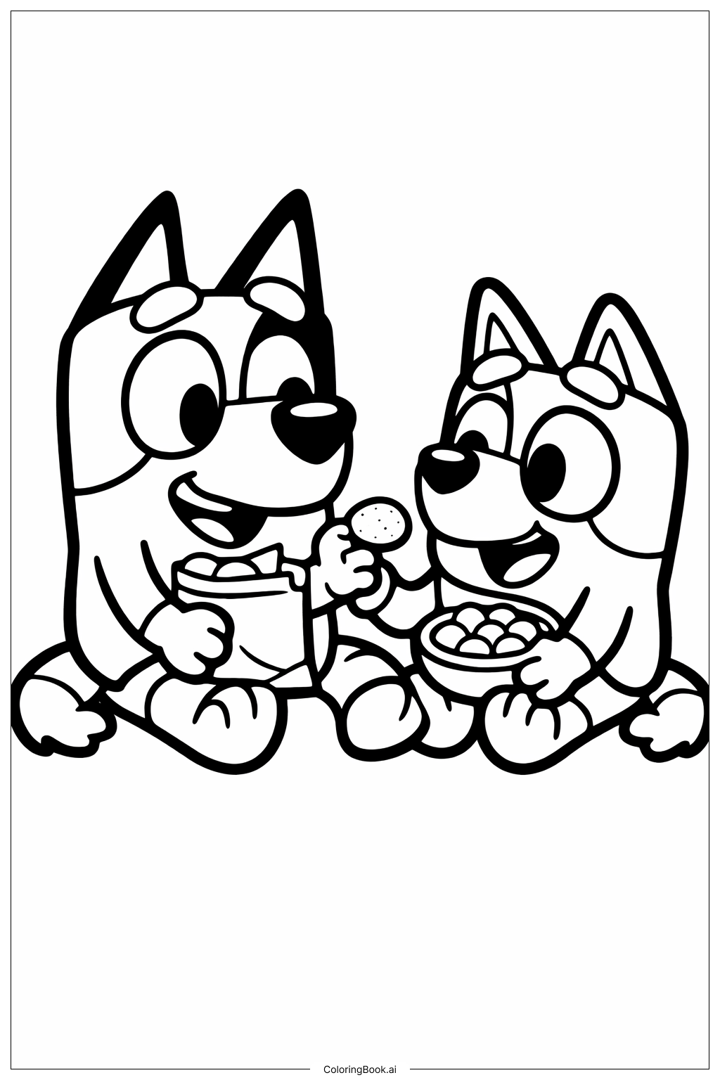  Bluey und Bingo teilen einen Snack Ausmalseite 