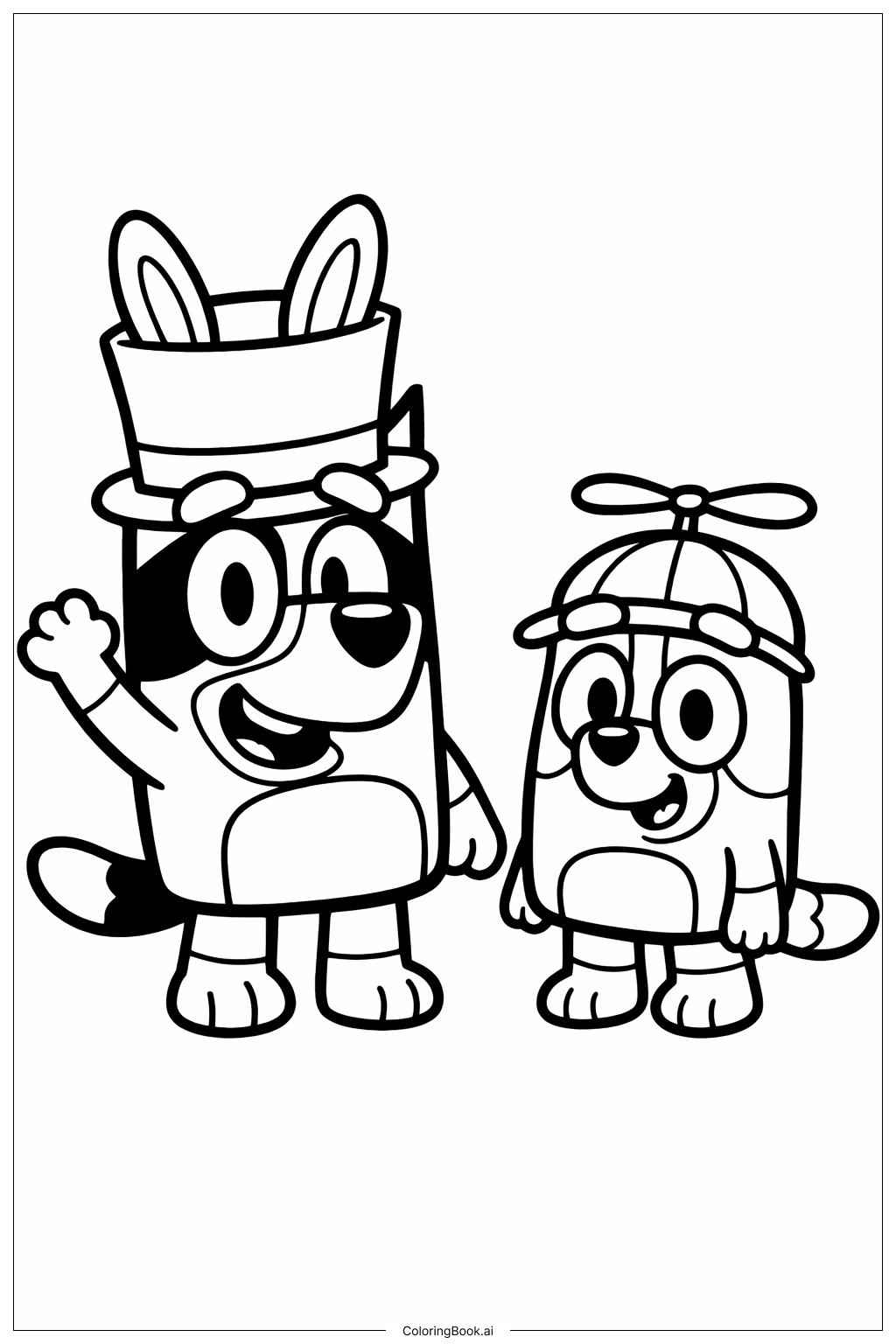  Bluey und Bingo mit Hüten Ausmalseite 