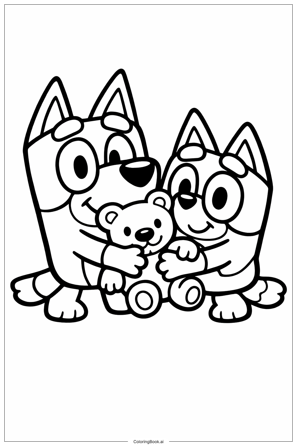  Bluey und Bingo mit Teddybär Ausmalseite 