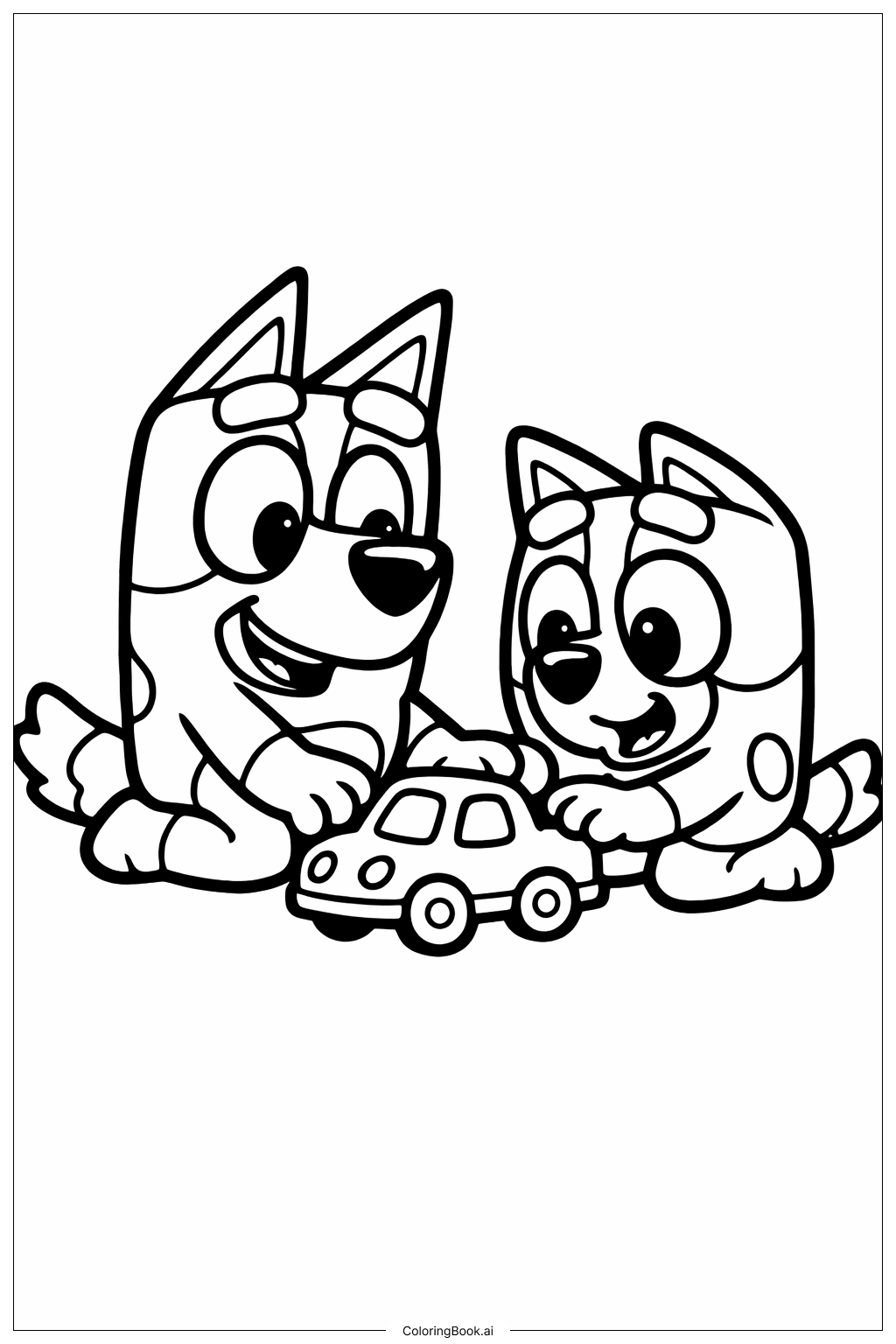 Bluey und Bingo mit Spielzeugauto Ausmalseite 