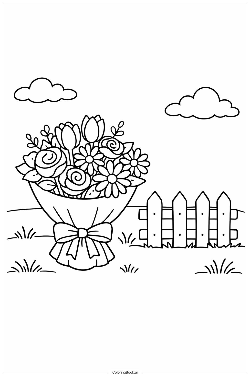 Bouquet Of Flowers By A Little Fence Coloring Page