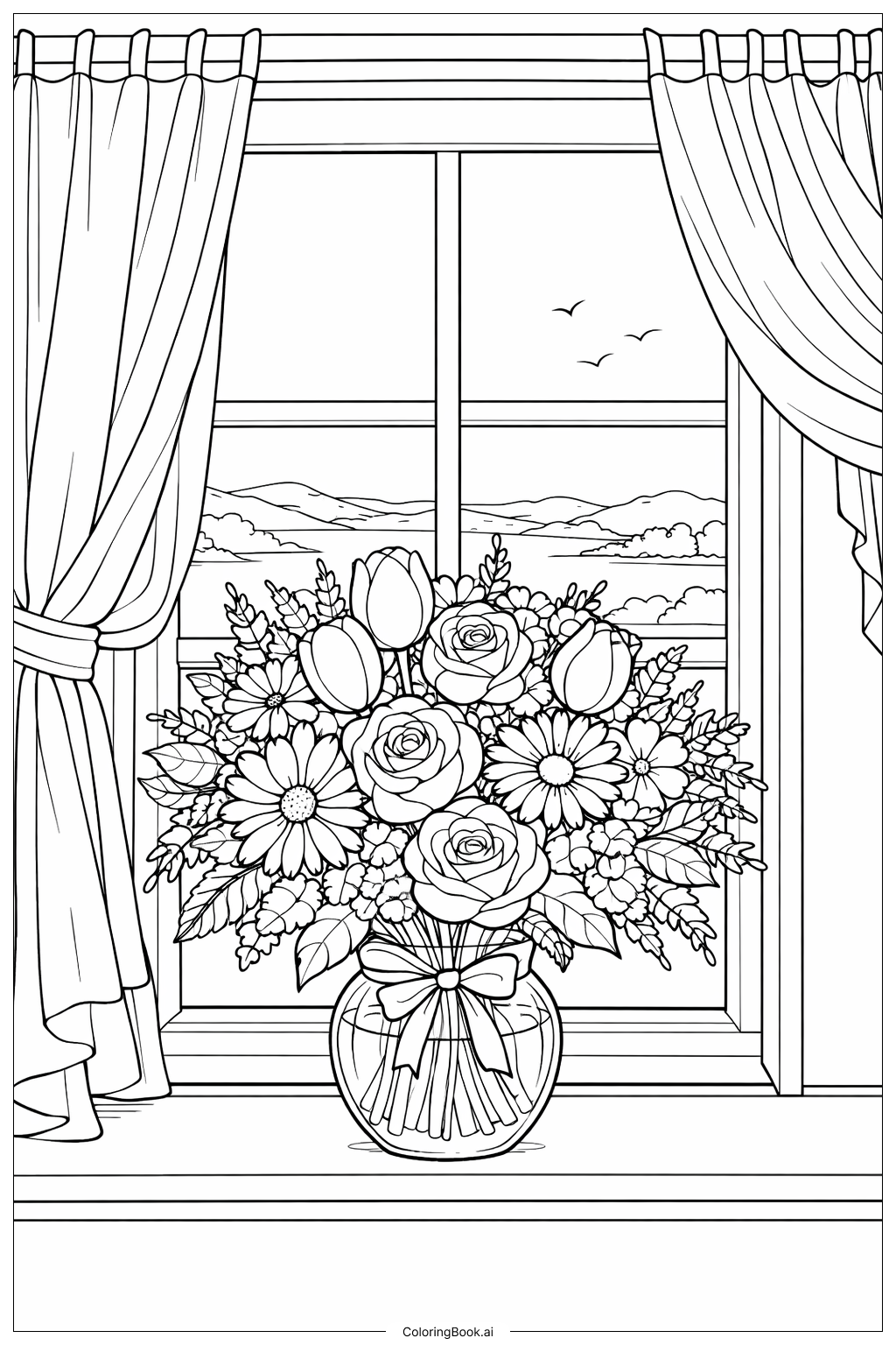 Bouquet Of Flowers On A Windowsill With Curtains Coloring Page