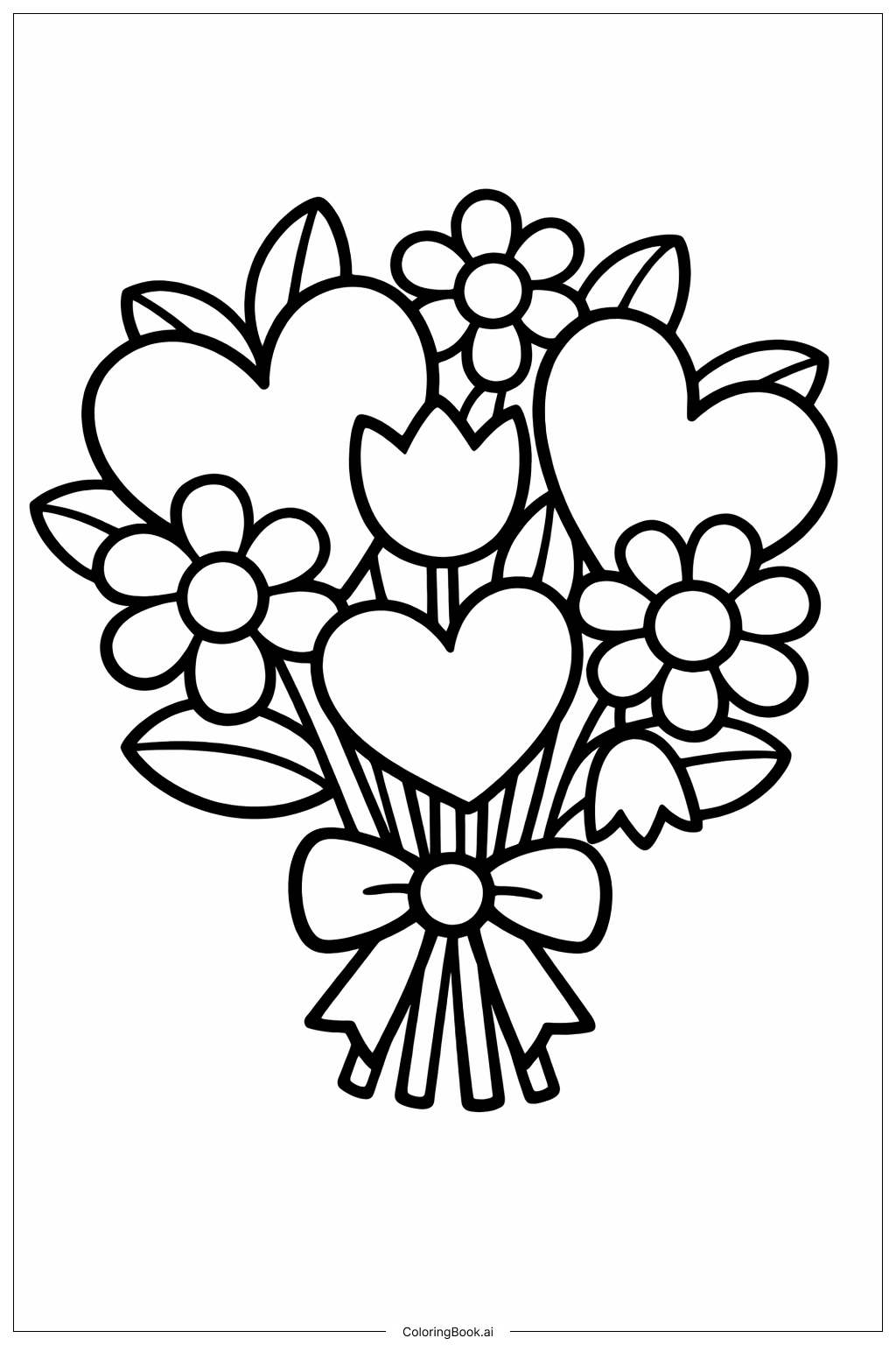 Bouquet Of Flowers With Big Hearts Coloring Page