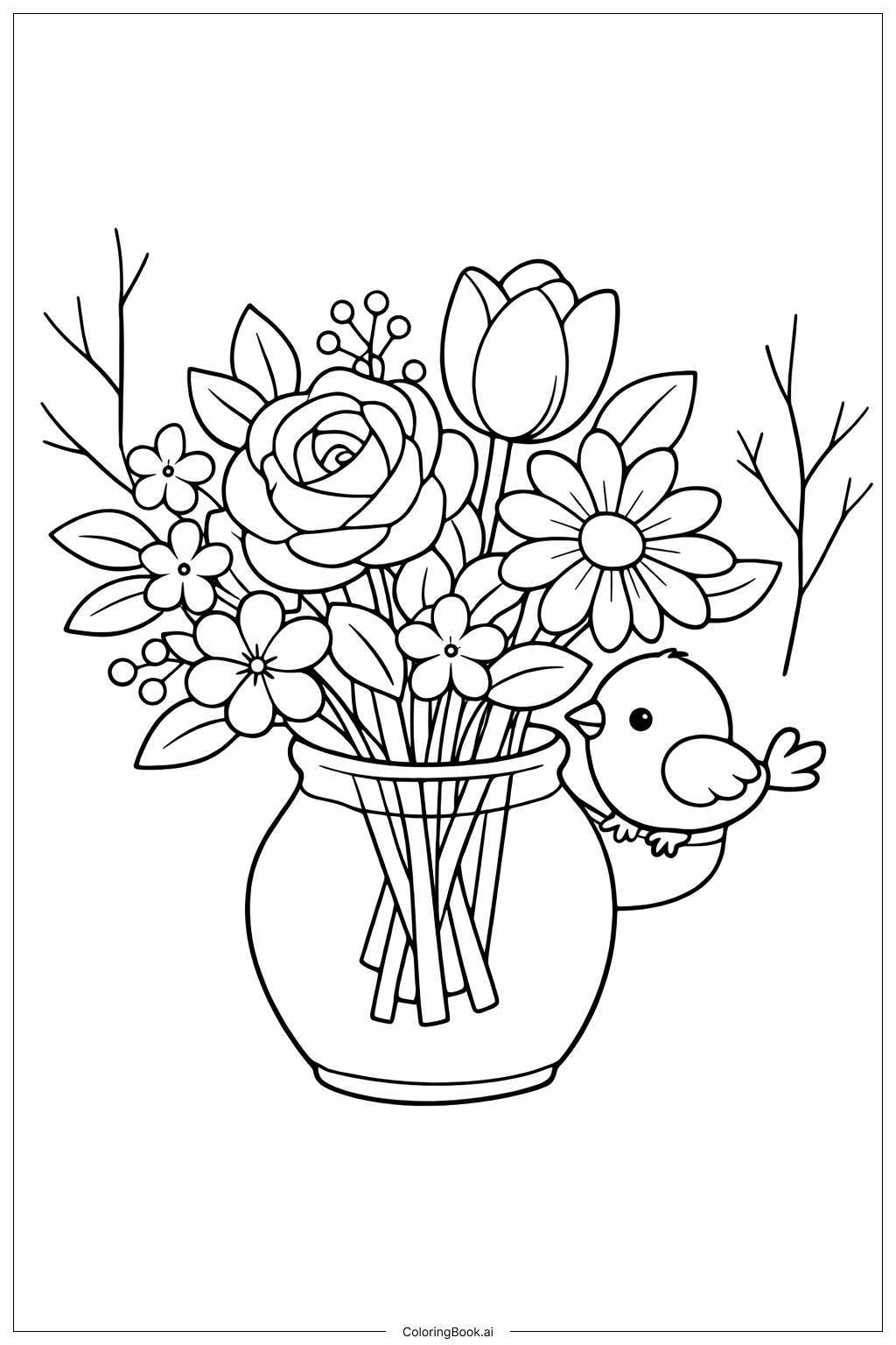 Bouquet Of Flowers With Bird Coloring Page