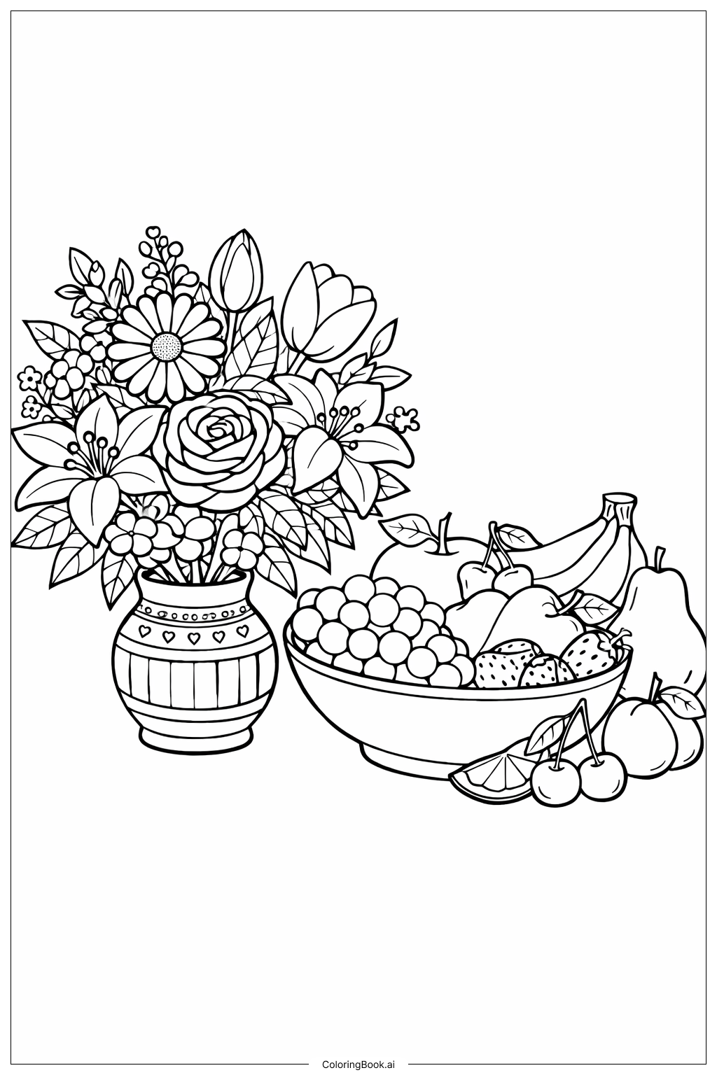  Página para colorear de Ramo de Flores con Naturaleza Muerta de Frutas 