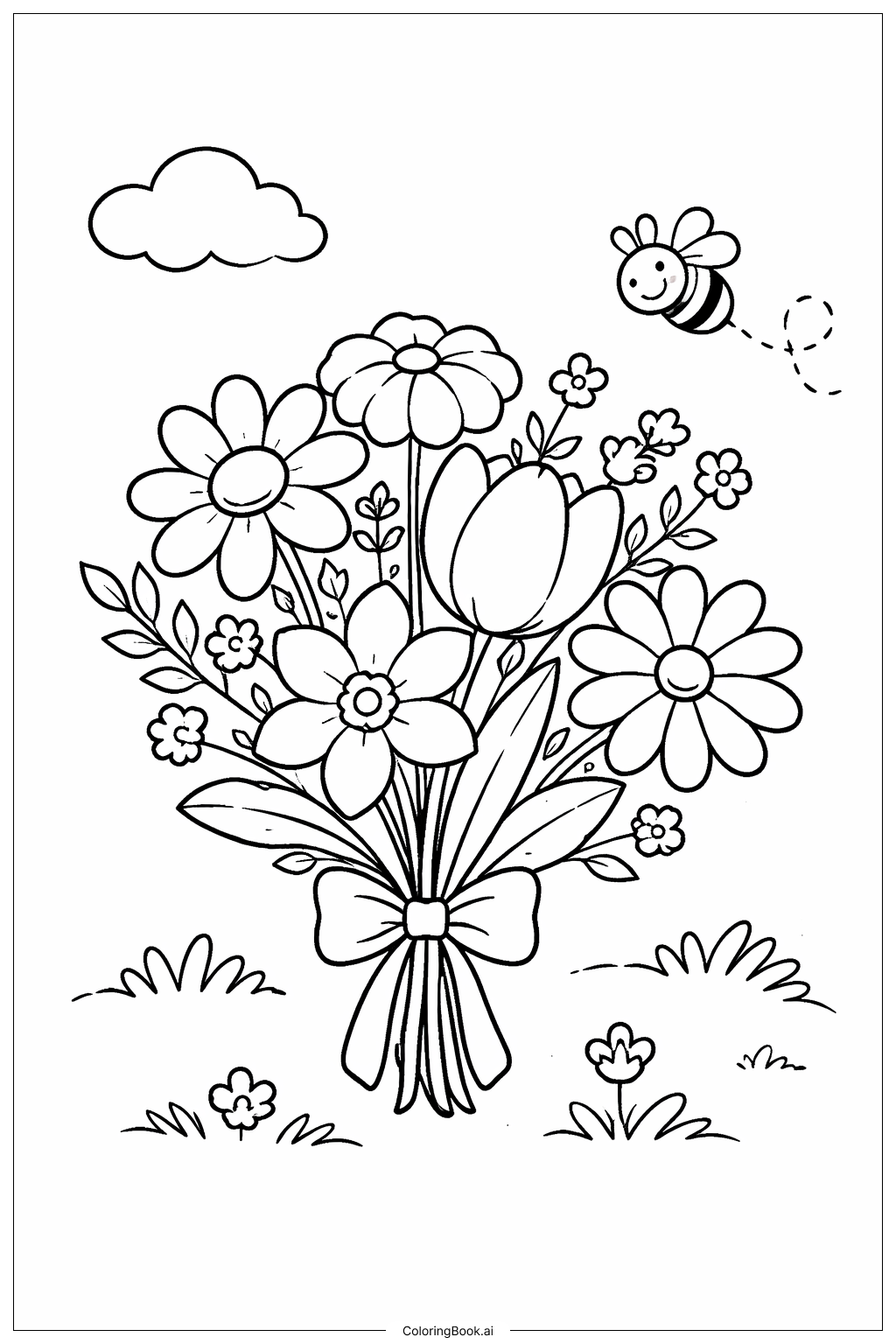 Bouquet Of Flowers With Little Bee Coloring Page